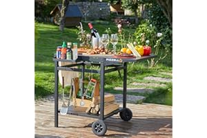 PIZZELLO Outdoor Grill Cart Double-Shelf Grill Table Foldable Tabletop Movable Food Prep Pizza Carts Outside Kitchen Pizza Oven Stand Trolley with 2 Wheels, Hooks
