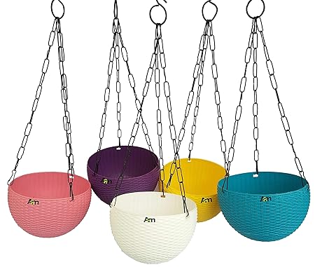 A2M Plastic Hanging Planter With Hook Chain, Multicolour, Pot Diameter-17 cm, Pot Height-11 cm, Chain Length-33 cm approx., 5 Pieces