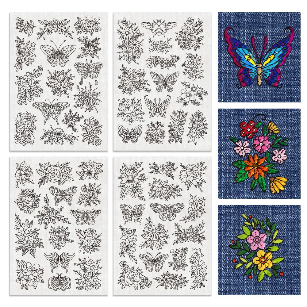 BENECREAT 4 Sheets 60PCS Stick and Stitch Embroidery Paper, Butterflies and Flowers Theme Stabilizer Water Soluble Hand Sewing for Carves, Shirts, Coats, Bags, Towels