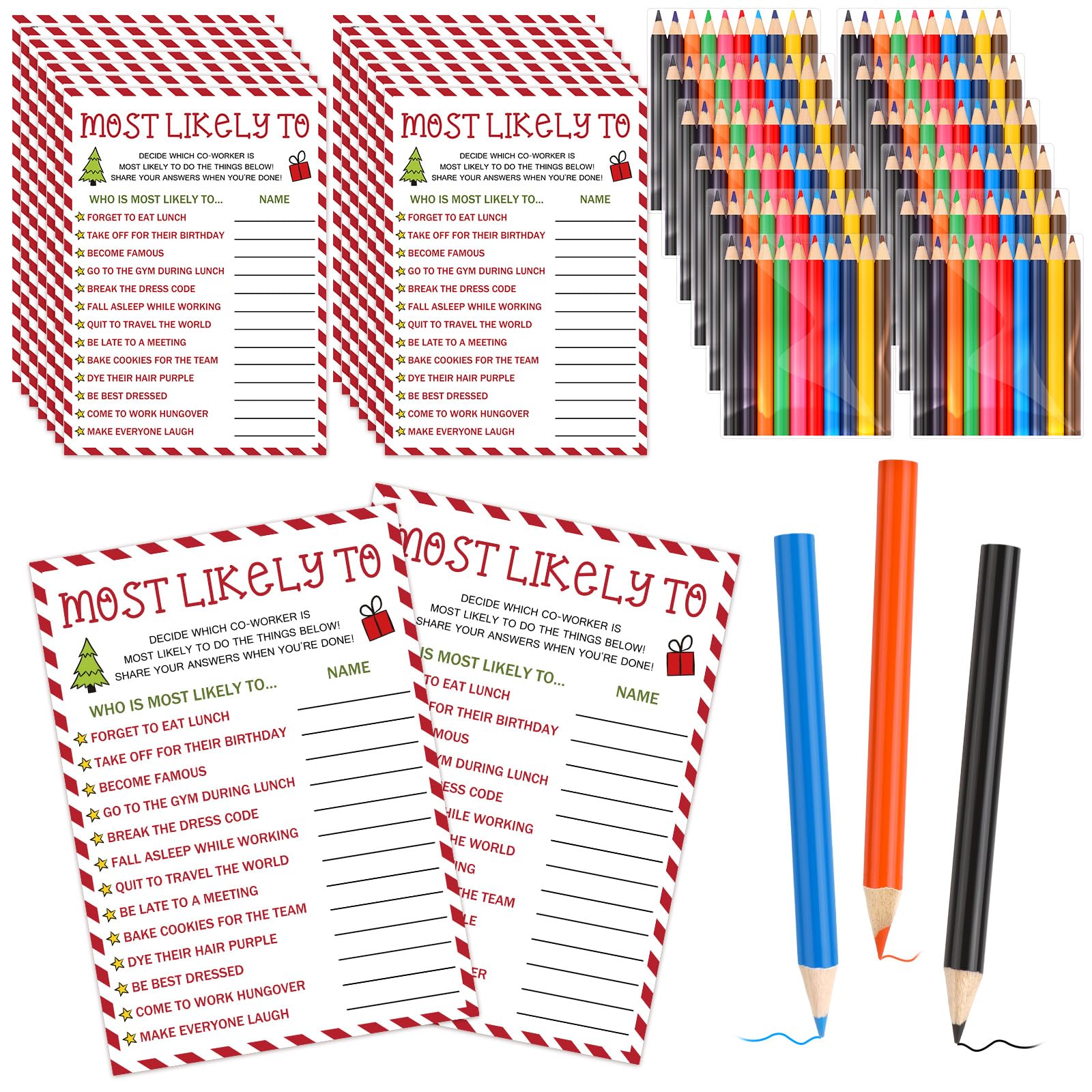 Photo 1 of JellyArch 60 Pcs Christmas Office Party Games for Adults 30 Christmas Cards with 30 Colored Pencils Team Building Games for Holiday Family Group Office Coworkers(Most Likely to)