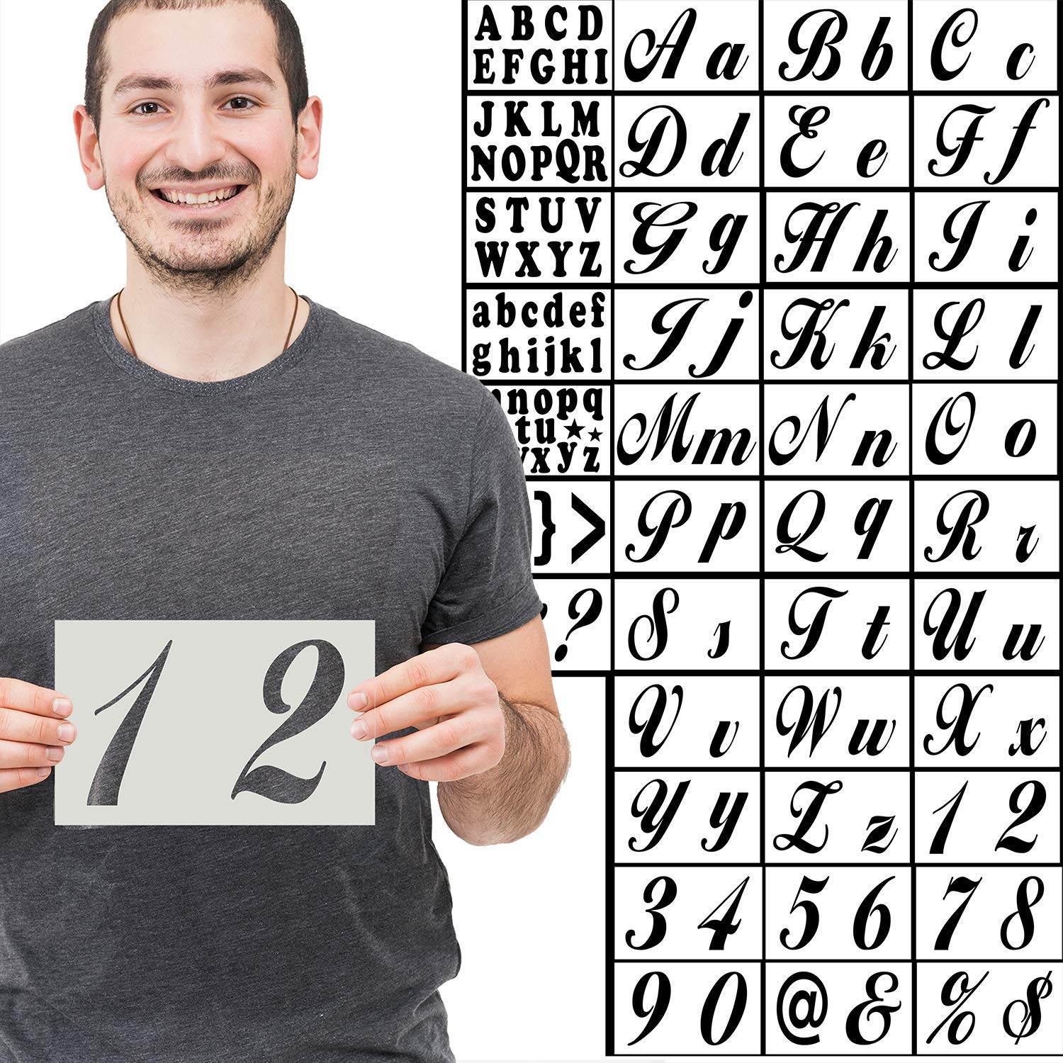 40 Extra Large Stencils Set Alphabet Letters Numbers for Art and Craft DIY Writing, Signage, Bistro, Drawing, Decorate Fabric Wood Rock Glass Ceramic Porcelain -Reusable Stencil 5x8 inch