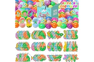 MEADIN 48 Pack Prefilled Easter Eggs with Toys Inside Pop Keychain - Pre Filled Easter Eggs Bulk with Fidget Toy Easter Basket Stuffers Gifts Hunt Party Favors Classroom Prize for Kids Toddler