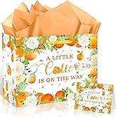 Little Cutie Baby Shower Birthday Gift Bag for Baby Girls Boys A Little Cutie is On The Way Bag with Wrapping Paper Card Orange Floral Gift Bag for Baby Shower Gender Reveal Birthday Party Supplies
