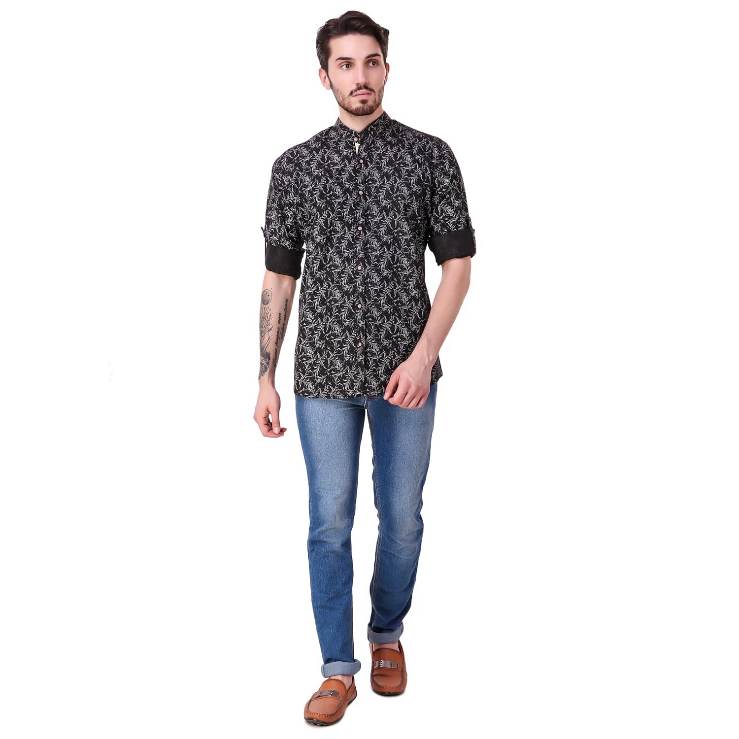 lafantar men's mandarin collar casual printed shirt (vxt32,black)