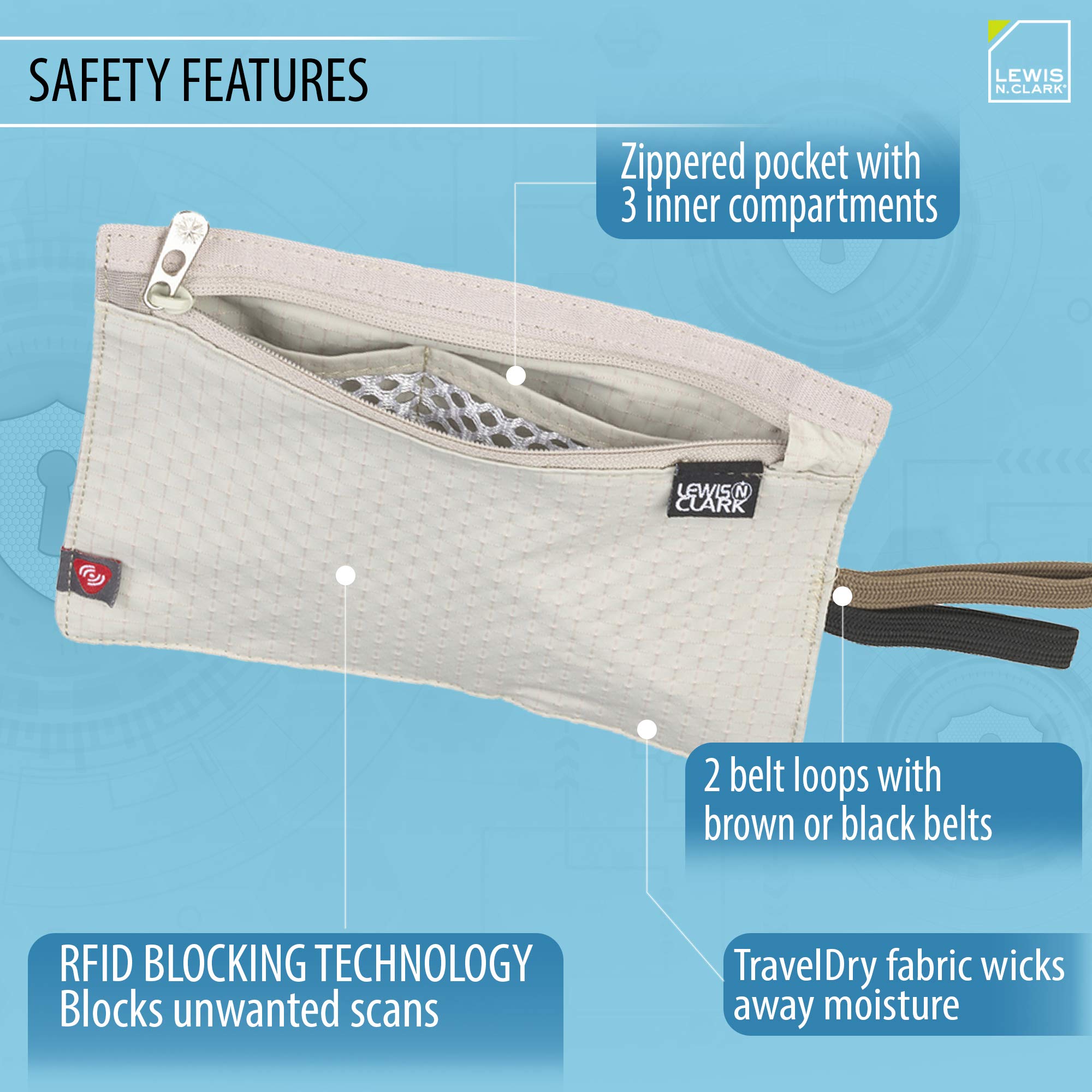 Lewis N. Clark RFID Blocking Money Belt Travel Pouch + Credit Card, ID, Passport Holder for Women & Men, Tan, One Size