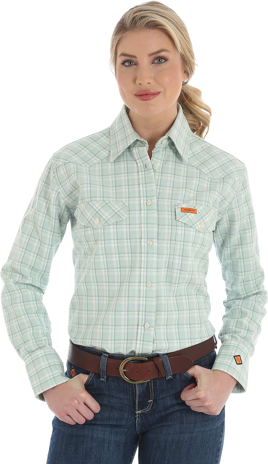 Wrangler Riggs Workwear Women's Fr Flame Resistant Western Long Sleeve Twill Button Work Shirt: Clothing