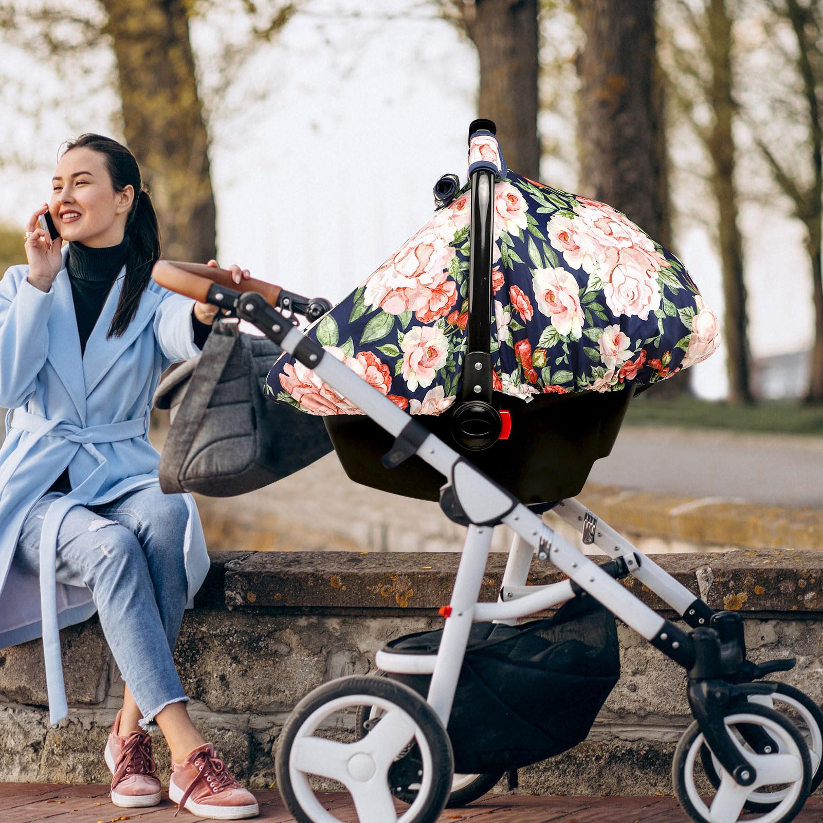 Winter Carseat Cover Girls, Baby Car Seat Covers with Peep Window and Breathable Mesh, Cozy & Warm Cover, Mink Infant Car Seat Canopy, Floral