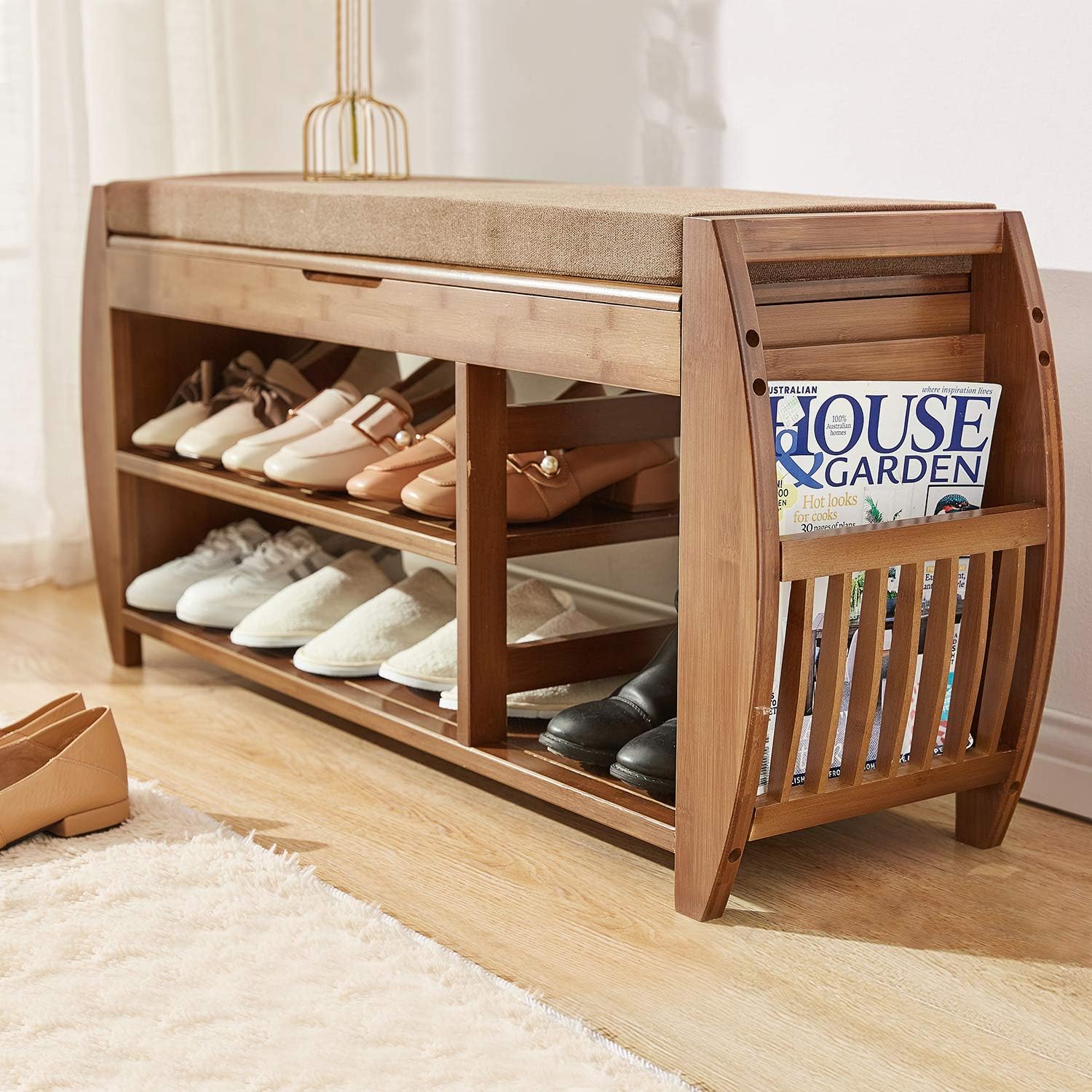 Bamboo Shoe Rack & Shoe Bench, Entryway Storage Organizer, Multi Function for Hallway Bathroom Living Room Corridor and Garden, Detachable Cushion with Hidden Storage Compartment: Kitchen & Dining