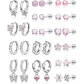 Tornito 15 Pairs Screw Back Earrings For Women Stainless Steel Cartilage Stud Earrings Pink Multicolor CZ Heart Cat Flower Butterfly Star Dangling Hoop Huggie Earring Set Screwback 20G Silver Tone