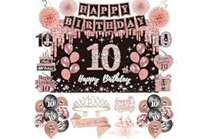 10th Birthday Decorations for Girls,50Pcs PRE-STRUNG Rose Gold Black Party Set-10 Years Old Crown and Sash,Banner Backdrop Ba