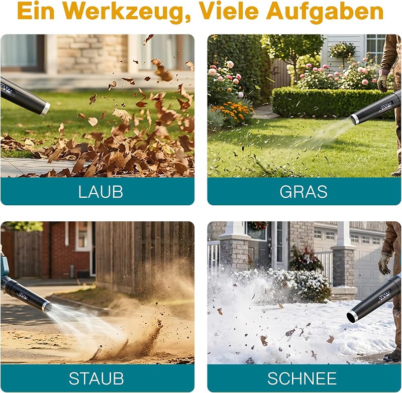 Akku Laubbläser Kabellos, Leicht und Bürstenlos, 4 Stufen+Turbo, 2 Akkus