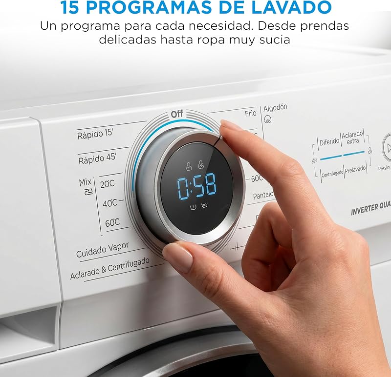 Lavadora 8kg Carga Frontal 1950W, 1350 rpm con Motor Inverter - Lavadoras con 15 Programas y Tecnología Healthguard - Washing Machine Bajo Consumo, Lavado Rápido, Función Vapor y Modo Eco