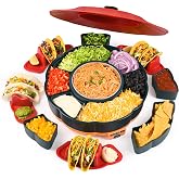 Taco Tuesday Kit, Taco Bar Serving Set for a Party with 3-Temp Control, 33oz Heated Pot, 6 Removable Trays &amp; 4 Taco Holders, Lazy Susan Taco Bar for Burritos, Nachos, and Fajitas, Christmas Gift