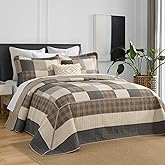FineStichery Oversized King Bedspread Quilt 120" x 120", 100% Cotton Lightweight Quilted Bed Spreads Coverlet Set Farmhouse Bedding Cover, 3 Piece, Charcoal/Beige/Browm