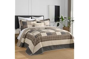 FineStichery Oversized King Bedspread Quilt 120" x 120", 100% Cotton Lightweight Quilted Bed Spreads Coverlet Set Farmhouse Bedding Cover, 3 Piece, Charcoal/Beige/Browm
