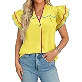 Tankaneo Womens Ruffle Short Sleeve Blouse V Neck Button Down Shirts Color Block Trendy Casual Tops