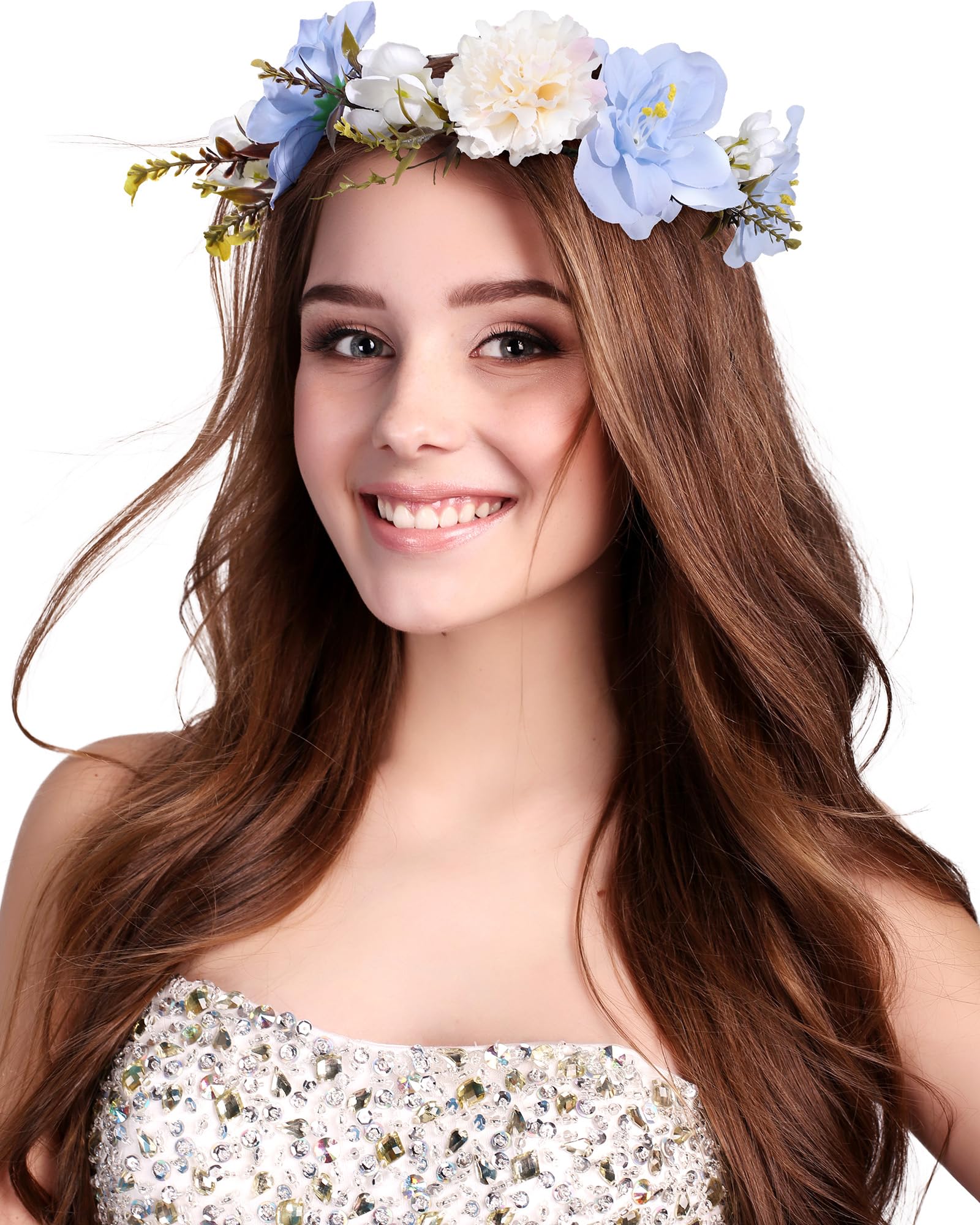 View 1 of **MINOR DAMAGED**
AWAYTR Flower Crowns for Women Flower Headband Adjusatble Flower Girl Headpiece Headband Fairy Crown for Bridal Wedding Festival Party Photo (Blue)