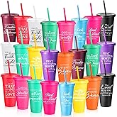 Potchen 24 Pcs Christian Gift Cups Bulk 24oz Bible Verse Plastic Tumbler with Lids and Straw Colorful Religious Travel Coffee Mug Inspirational Church Gifts for Men Women Birthday Christmas, 12 Style