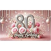Nuxovilar 80th Birthday Banner - Elegant Pink & Gold Floral Backdrop with Glitter "80" Sign, 71x43 Inch Large Party Decor for Women & Men, Reusable Indoor/Outdoor Hanging
