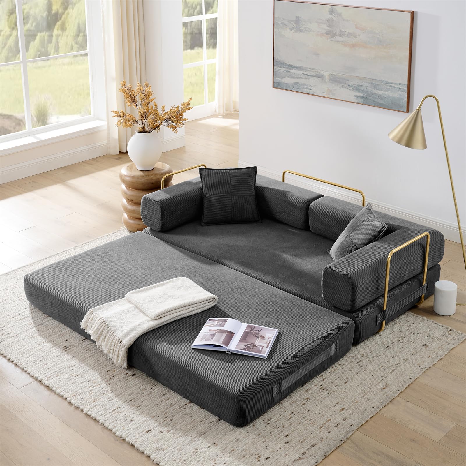 Photo 1 of 4-in-1 Free Combination Folding Sleeper Sofa Couch Bed,No Assembly Compressed Sofa Corduroy Upholstered Boneless Modular Floor Couch Convertible Fold Out King Size Mattress Bed