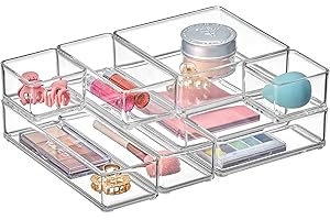Amazing Abby - QuickSort - Plastic Stackable Organizers (8-Piece Set) for Vanity and Desk Drawer, Perfect Storage Solution for Beauty Products, Office Supplies, Decorative Items, and More
