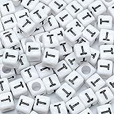 Ludthaw 100PCS Letter Beads Acrylic Square Alphabet Beads for Jewelry Making 6x6mm White Cube Letter T Bead for Bracelets Making Necklaces