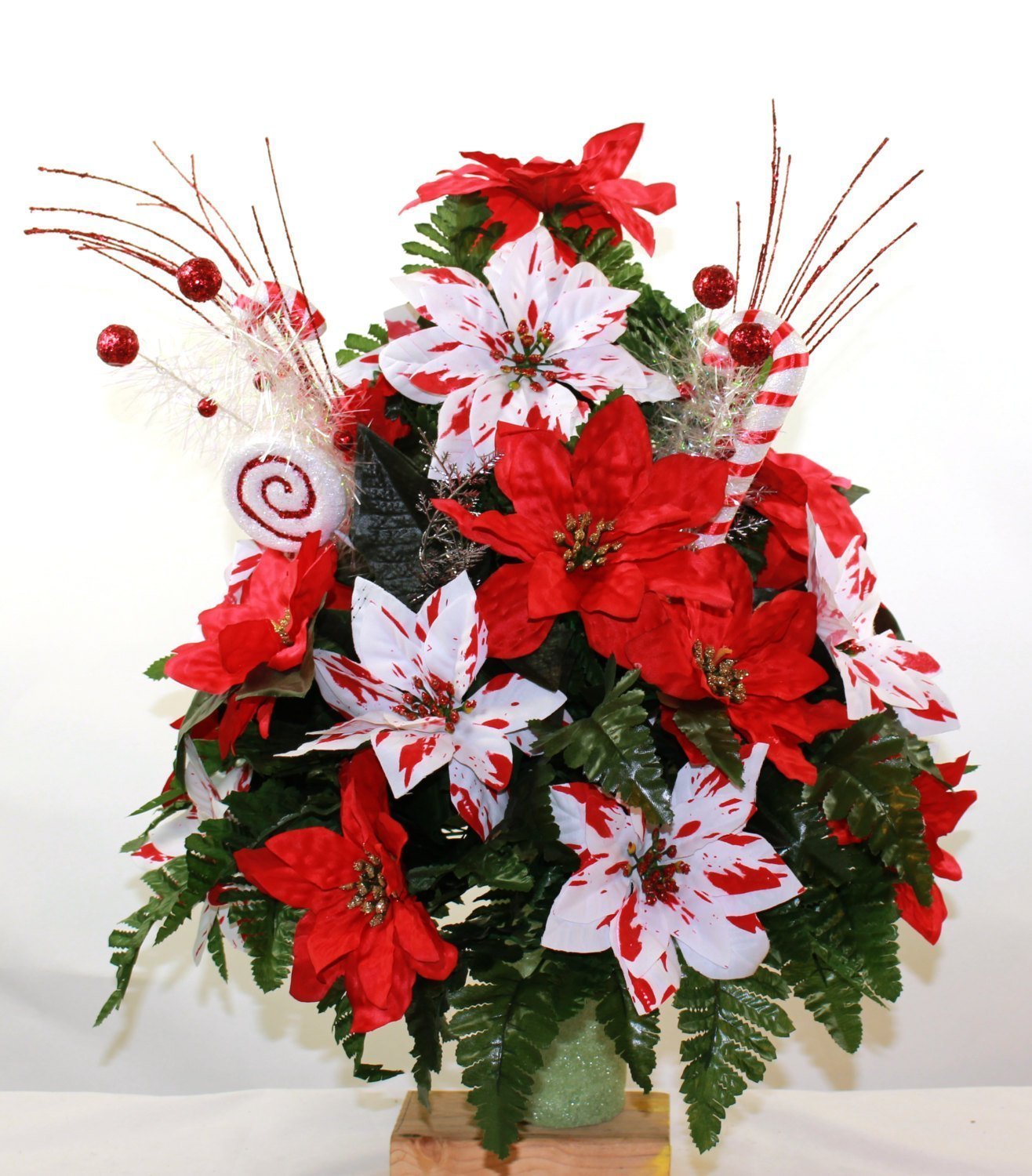 Home Decor Xl Christmas Peppermint Poinsettias Artificial Silk Flower Cemetery Bouquet Vase Arrangement Handmade Products