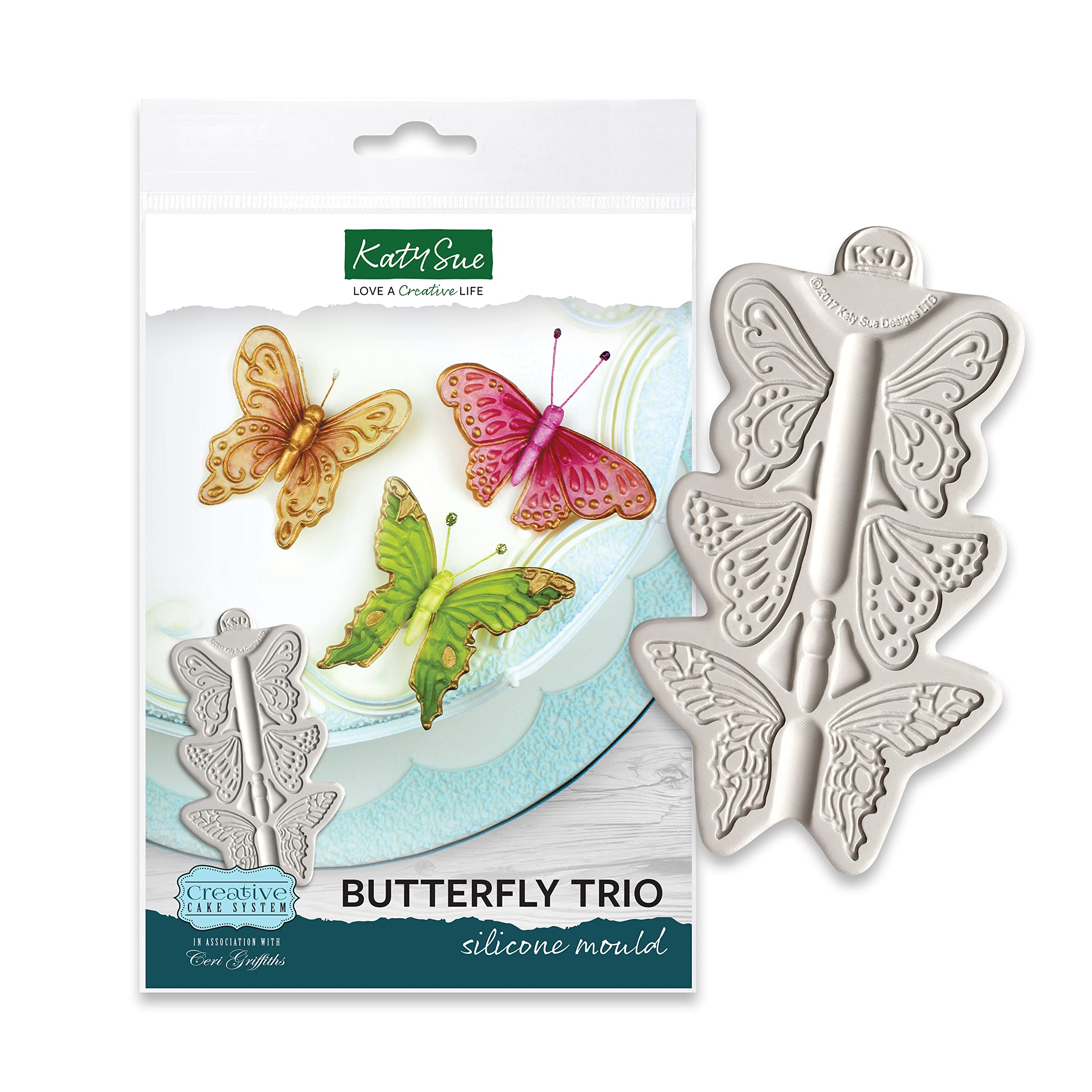 Katy Sue Butterfly Trio Silicone Mould for Cake Decorating & Crafts - Makes 3 Butterflies - 1) 60mm x 45mm, 2) 74mm x 35mm, 3) 73mm x 40mm