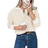 Saodimallsu Womens Fall Sweaters Tops Lapel V Neck Knit Sweater Color Block Long Sleeve Casual Soft Pullover Shirt