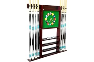 GACCO BILLIARDS Wall Mount Deluxe Pool Cue Holder, Wooden Accessories for Billiard Game Room (Mahogany), Holds 8 Cues