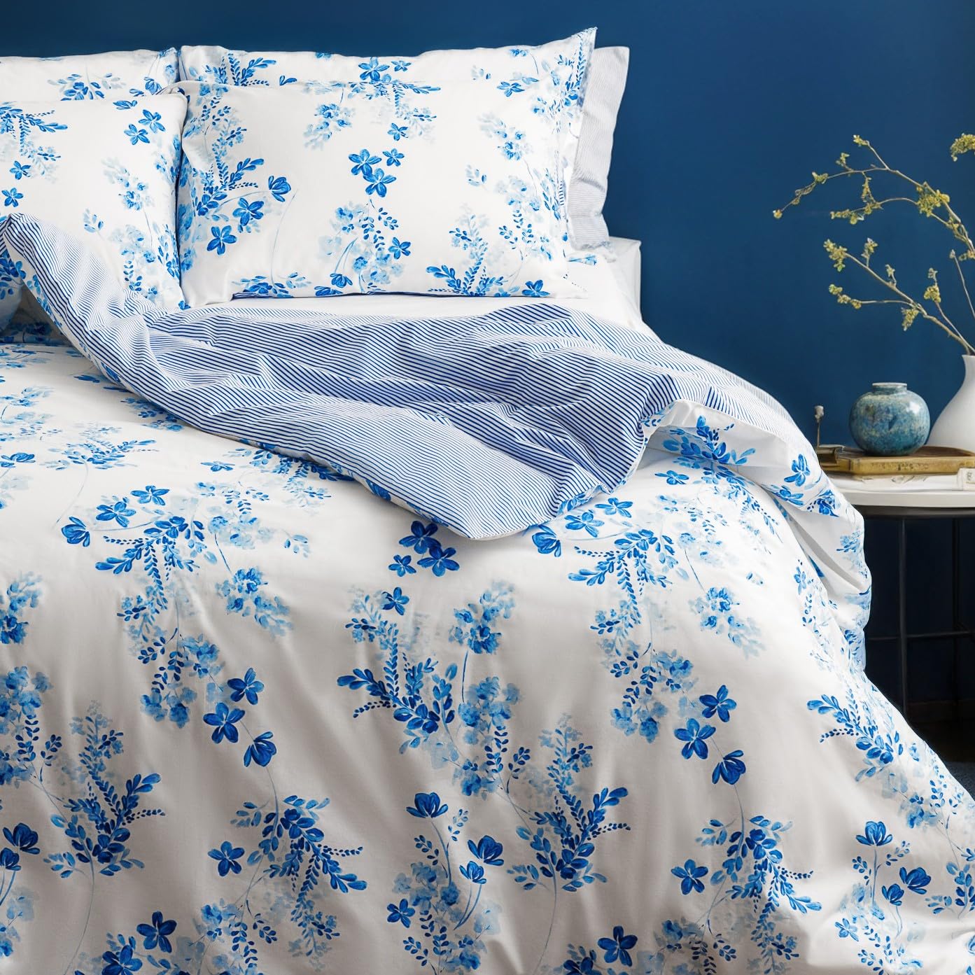 LERUUM Single Cotton Duvet Cover Sets Blue Floral Striped Bedding – Single Quilt Cover Set Blue Bedding Sets for Girls