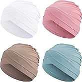 Geyoga 4 Pcs Women Turban Caps Chemo Headwear Cancer Patient Head Covering Soft Pleated Stretchy Head Wrap Sleep Hat