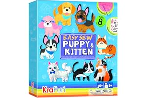 KRAFUN Easy Sewing Kit for Beginner Kids Arts & Crafts, 8 Easy DIY Projects of Stuffed Animal Dolls of Puppies & Kittens, Dogs and Cats, Instructions & Felt, Gift for Girls, Boys, Learn to Sew