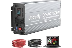 Jecatiy 1500 Watt Pure Sine Wave Power Inverter DC 12V to 110V/120V AC Converter with 2 AC,18W USB, and 30W Type-C Charging Ports, Car Solar Power Inverters with LCD Display for Home RV Truck