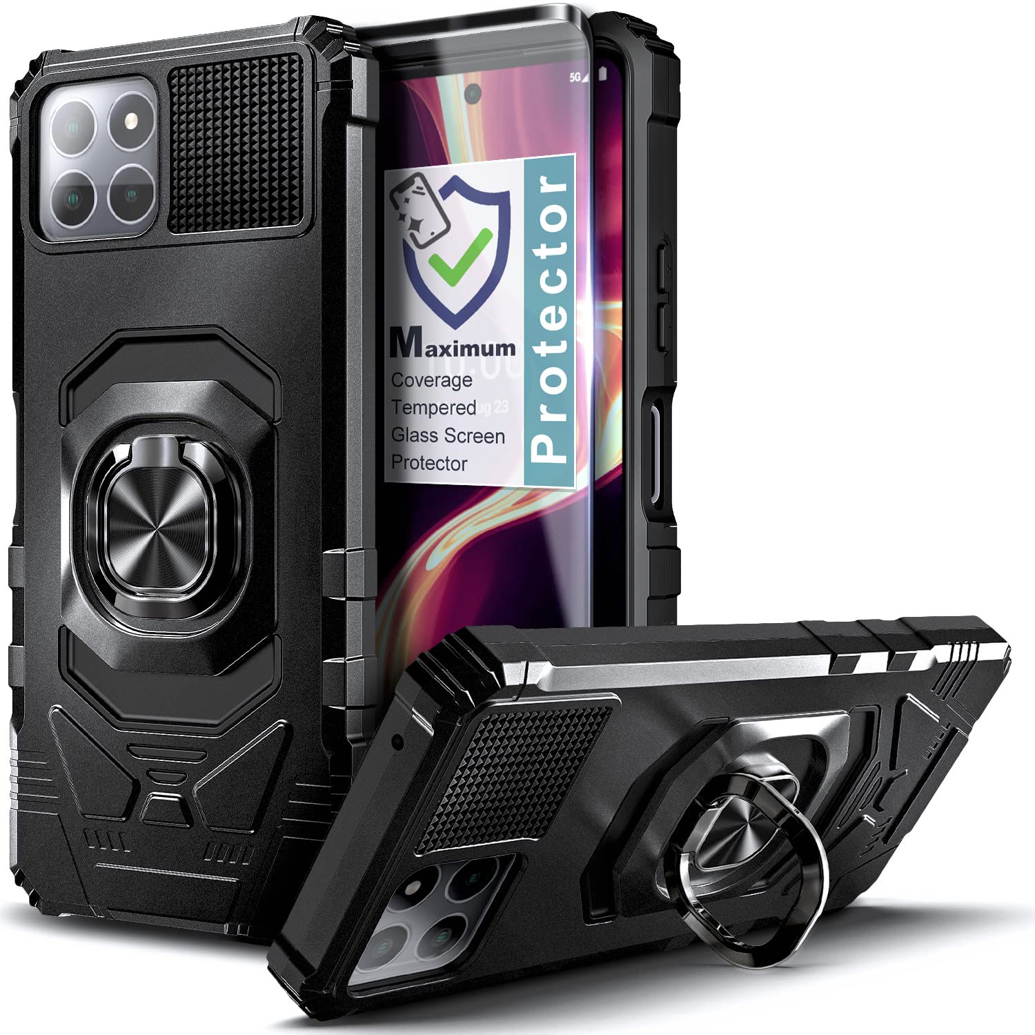 Photo 1 of NZND Compatible with Boost Mobile Celero 5G Plus Case 2023 7.0" (Plus Version Only) with Tempered Glass Screen Protector, Full-Body Protective [Military-Grade] Ring Holder Case (Black)