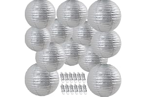 NUDALA 12pcs Silver Paper Lanterns with 12pcs White LED Lights, 6" 8" 10" 12" Round Hanging Chinese/Japanese Ball Lantern for Wedding Anniversary Birthday Party Decorations