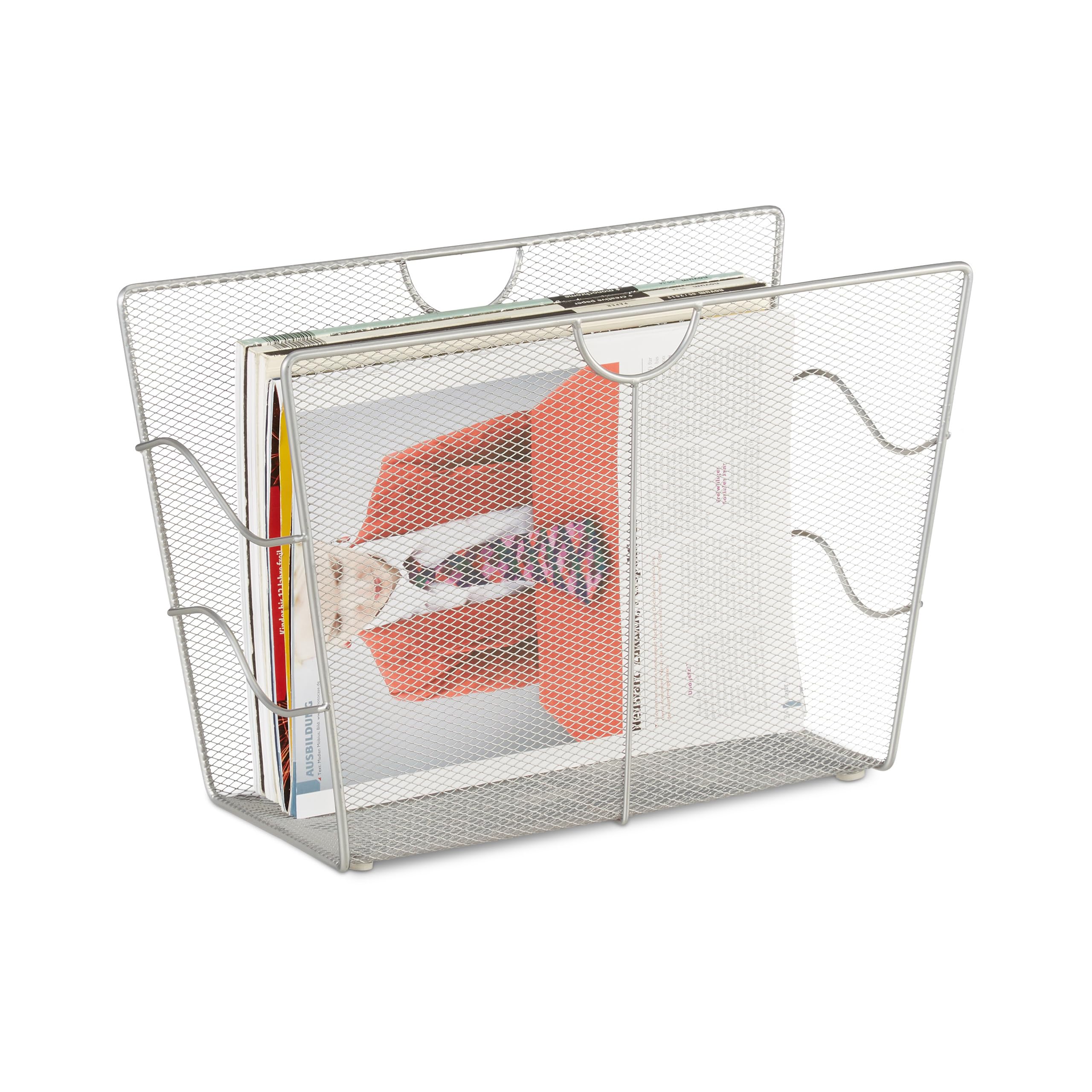 Relaxdays Mesh Newspaper Stand, Metal Newspaper Bin, Freestanding Rack, HWD 27 x 39 x 17 cm, Silver