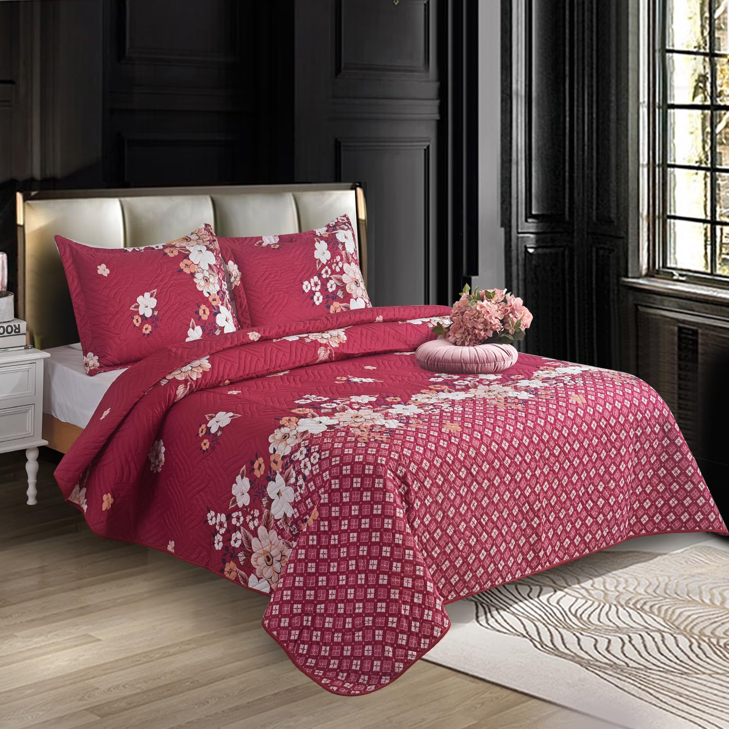 WEAVERS: 3 PCS Reversible Patchwork Quilted Bedspread, Floral Print Lightweight Comforter Coverlet, Soft Microfiber. Includes 2 Pillow Shams Fits Double & King Size Bed 220cm x 240cm. MILAN-130WV
