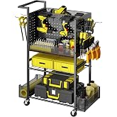 Tool Organizer Cart, 4-Tier with DIY Pegboards &amp; Hooks &amp; Storage Baskets | Floor Standing, Large Garage Rolling Storage Cart on Wheels, Freely Combinable Storage for Garage Workshop, Idea Gift for Men
