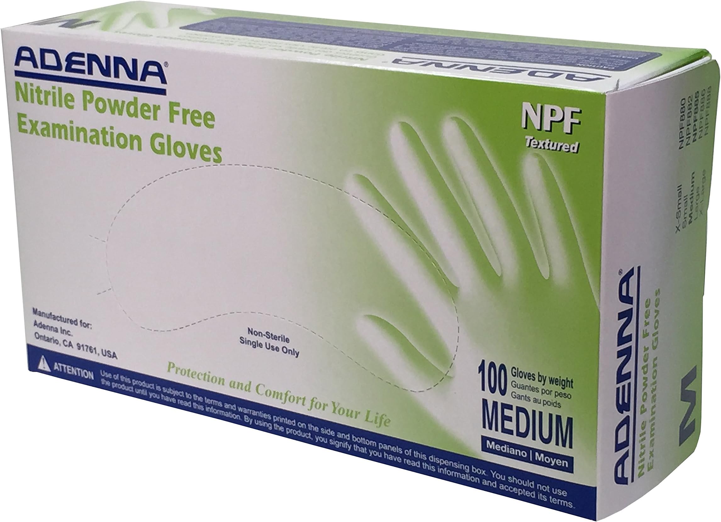 Adenna NPF 5.5 mil Nitrile Powder Free Exam Gloves (Blue, Medium) Box of 100