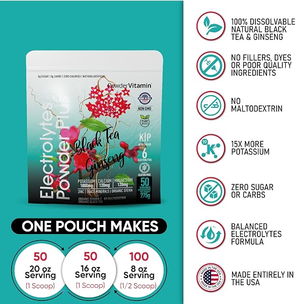 POWDERVITAMIN ELECTROLYTES POWDER PLUS (50 SERVINGS) BLACK TEA GINSENG ELECTROLYTE POWDER KETO, SUGAR FREE, PINK HIMALAYAN SALT,1000MG POTASSIUM,120MG CALCIUM,120MG MAGNESIUM, HYDRATION POWDER