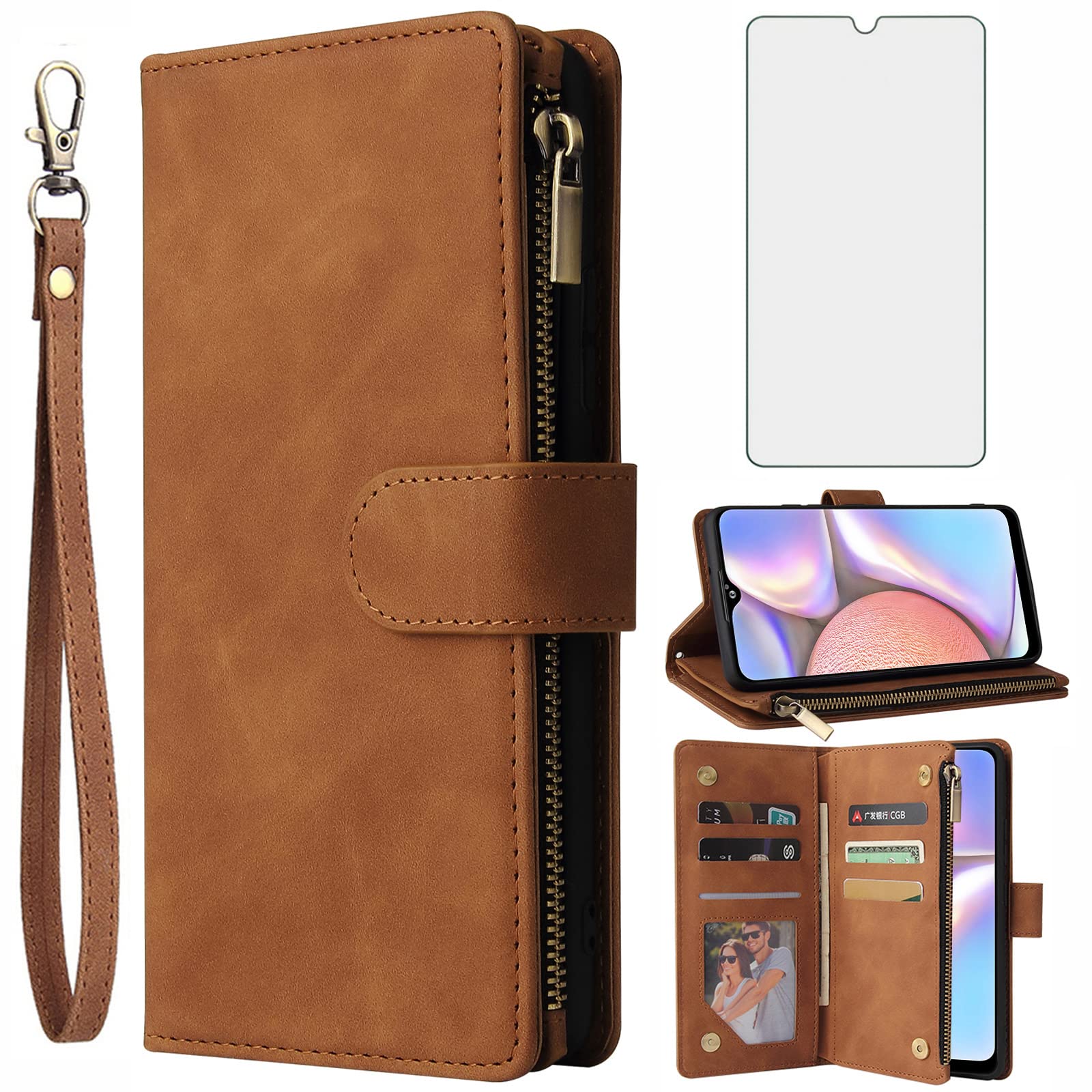 Asuwish Compatible with Samsung Galaxy A10s Wallet Case Tempered Glass Screen Protector and Leather Flip Cover Card Holder Stand Cell Accessories Phone Cases for Glaxay Galaxies A10x Women Men Brown
