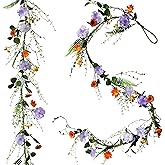 LVLFOR 2PCS Artificial Daisy Garland, 6FT Faux Flower Hanging Vine, Purple Flowers Ivy, Spring Garland with Eucalyptus Boston Fern Vine for Sign Board Party Home Decor