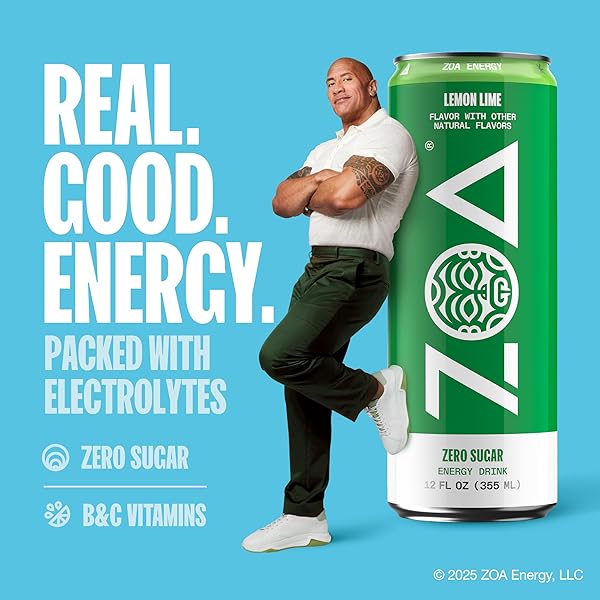 ZOA ENERGY SUGAR FREE ENERGY DRINKS WITH ELECTROLYTES FOR HYDRATION, LEMON LIME – 12 FL OZ (12-PACK)