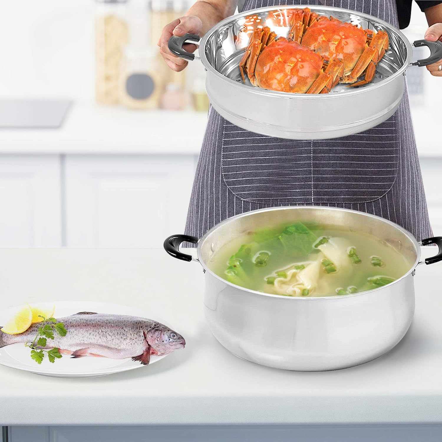 30 CM Stainless Steel 3 Tier Steamer Pot Steaming Cookware by Concord: Steamer Sets: Kitchen & Dining
