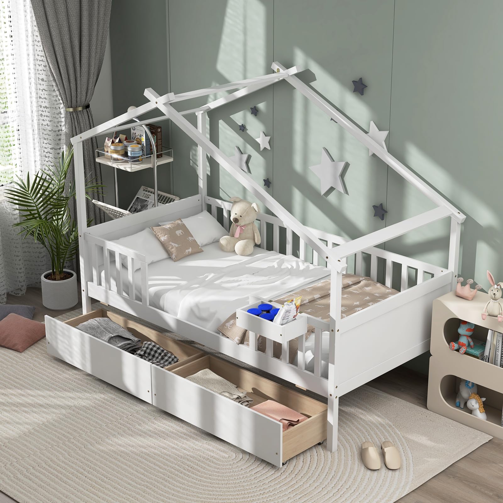 Photo 1 of **reference image**KOMFOTT Twin House Bed with 2 Storage Drawers, Wooden Kids Bed Frame with Roof & Fence Rails, Tent Bed with Headboard & Footboard for Teens, Girls & Boys, No Box Spring Needed Twin Bed Frame (White)