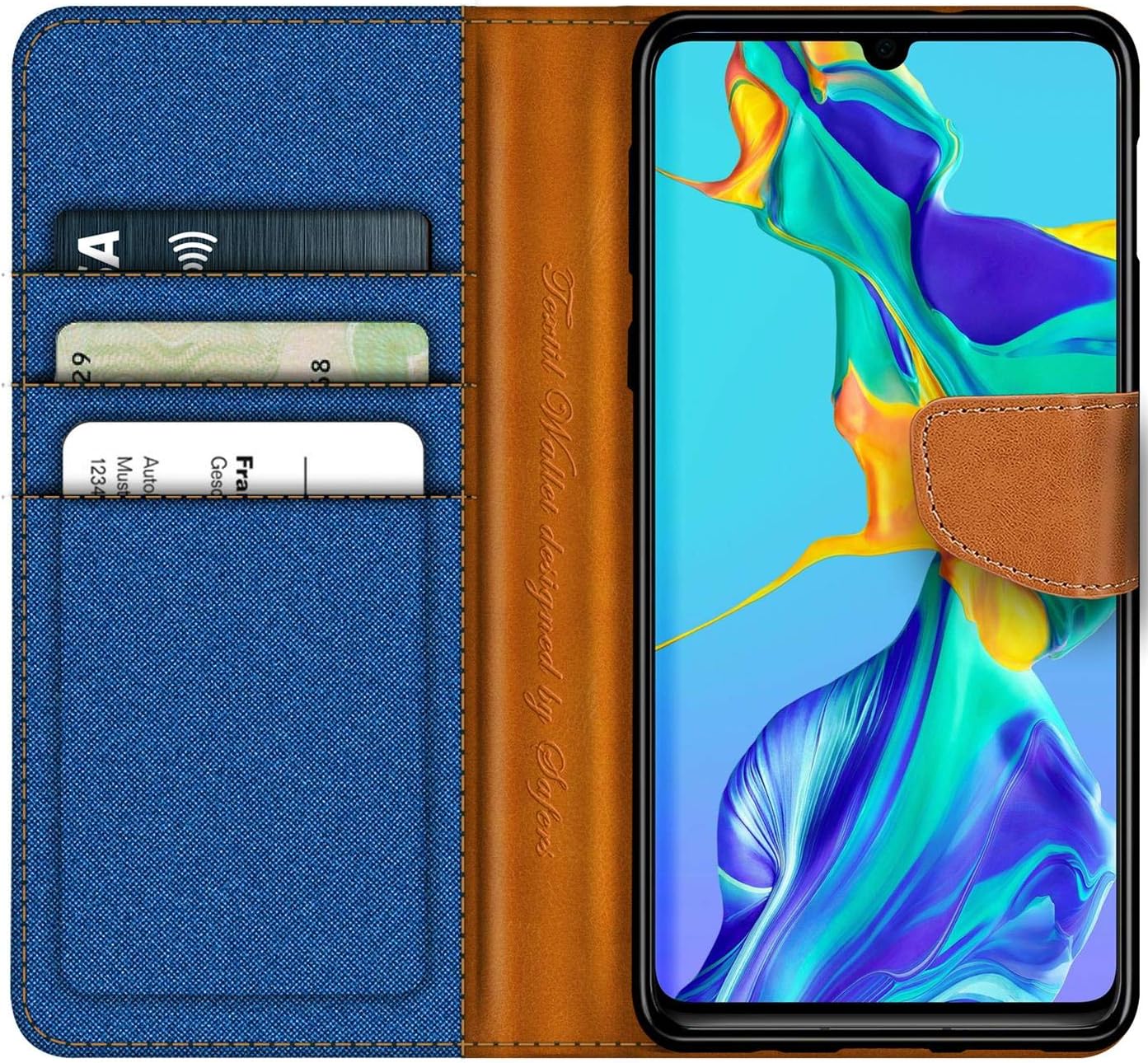 Verco Phone Wallet Case compatible with the Huawei P30, Canvas Faux Leather Book Cover for the P30 Flip Case Bag Hinged - Blue - Image 3