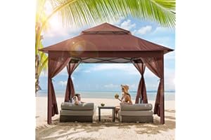 TINKLE WELL Easy Set-up 13FT Pop Up Canopy,Outdoor Gazebo Tent with Netting, Instant Shelter w/ 169 Square Feet of Shade and Double Roof Tops for Backyard, Garden,Camping(Brown)