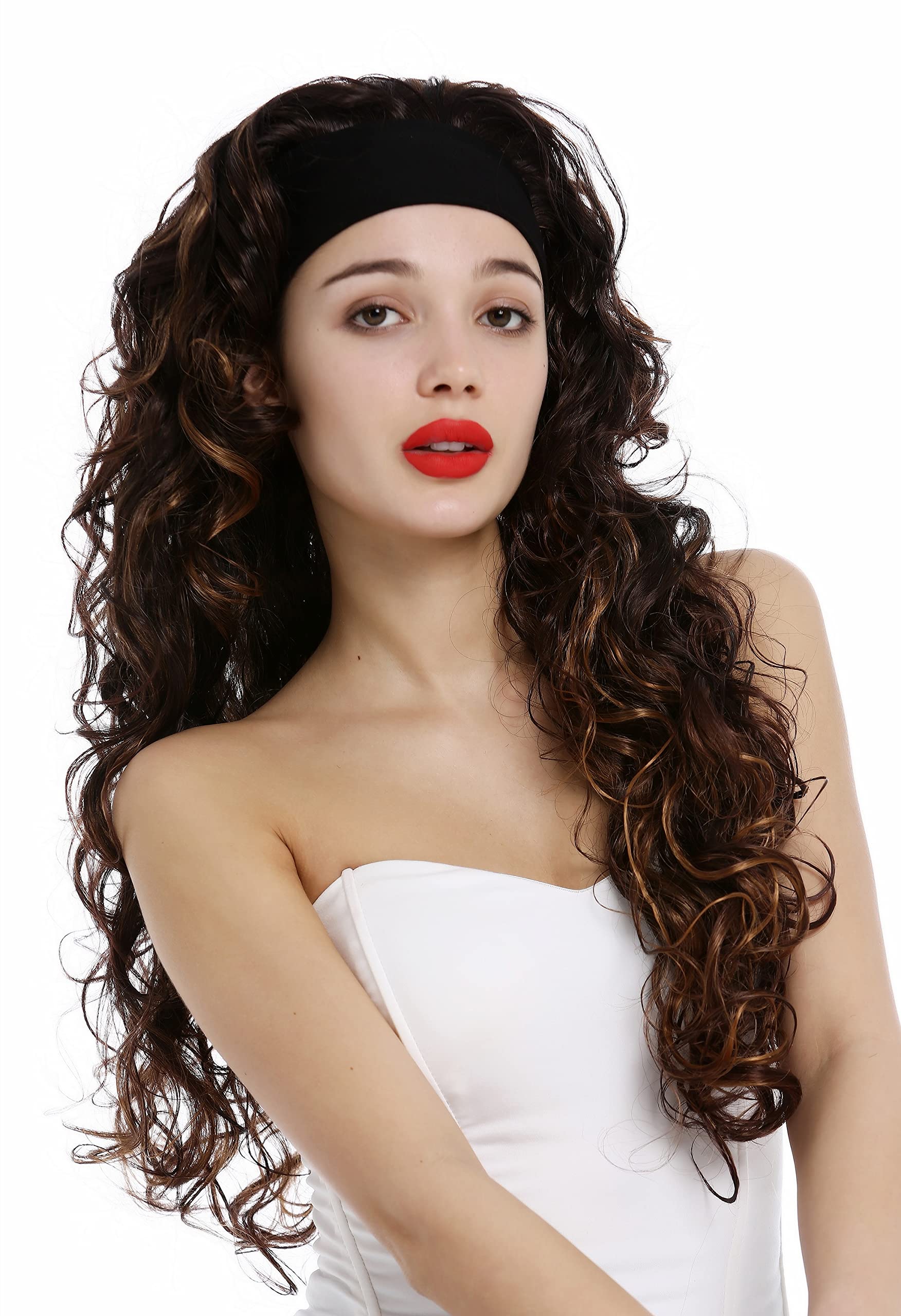 WIG ME UP - VK-27 Lady wig with headband long curled curly voluminous curls mahogany mix of brown and auburn and blond highlights