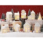 Fovths 42 Pieces Porcelain Christmas Village Set 9 Lighted LED Xmas Village Houses with 16 Xmas Trees, Withered Tree Lamp Fence Bench Winter Village Building Figurines for Holiday Tabletop Decor